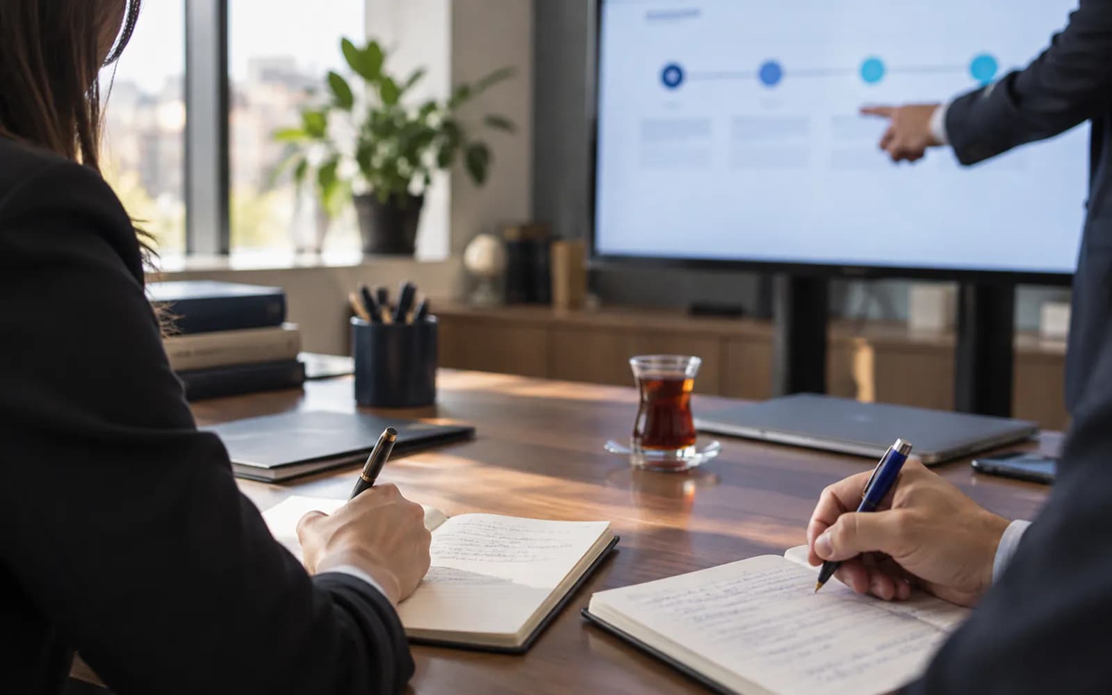Monitörde onboarding adımını gösteren eğitmen ve not alan büro çalışanları