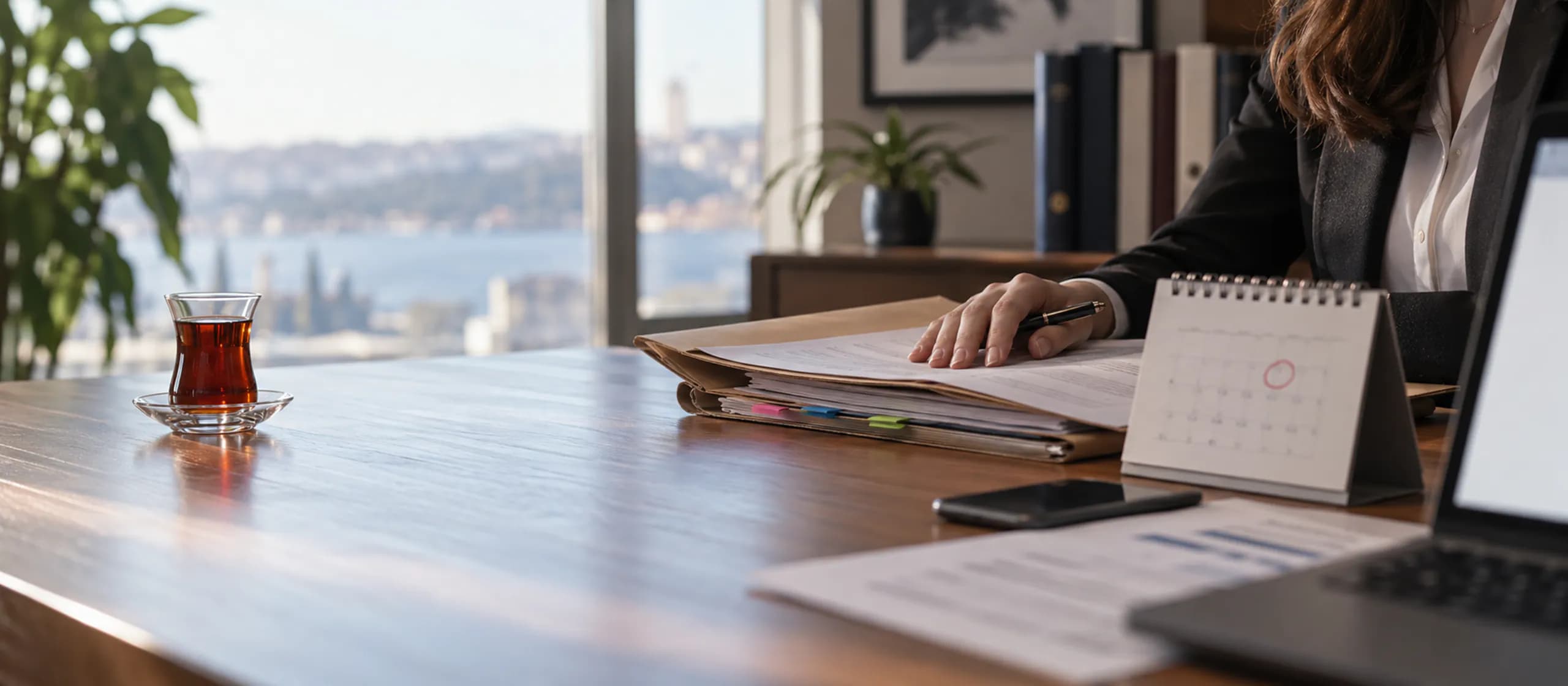 Dava dosyası, masa takvimi, fatura ve telefonun bir arada durduğu avukat masası