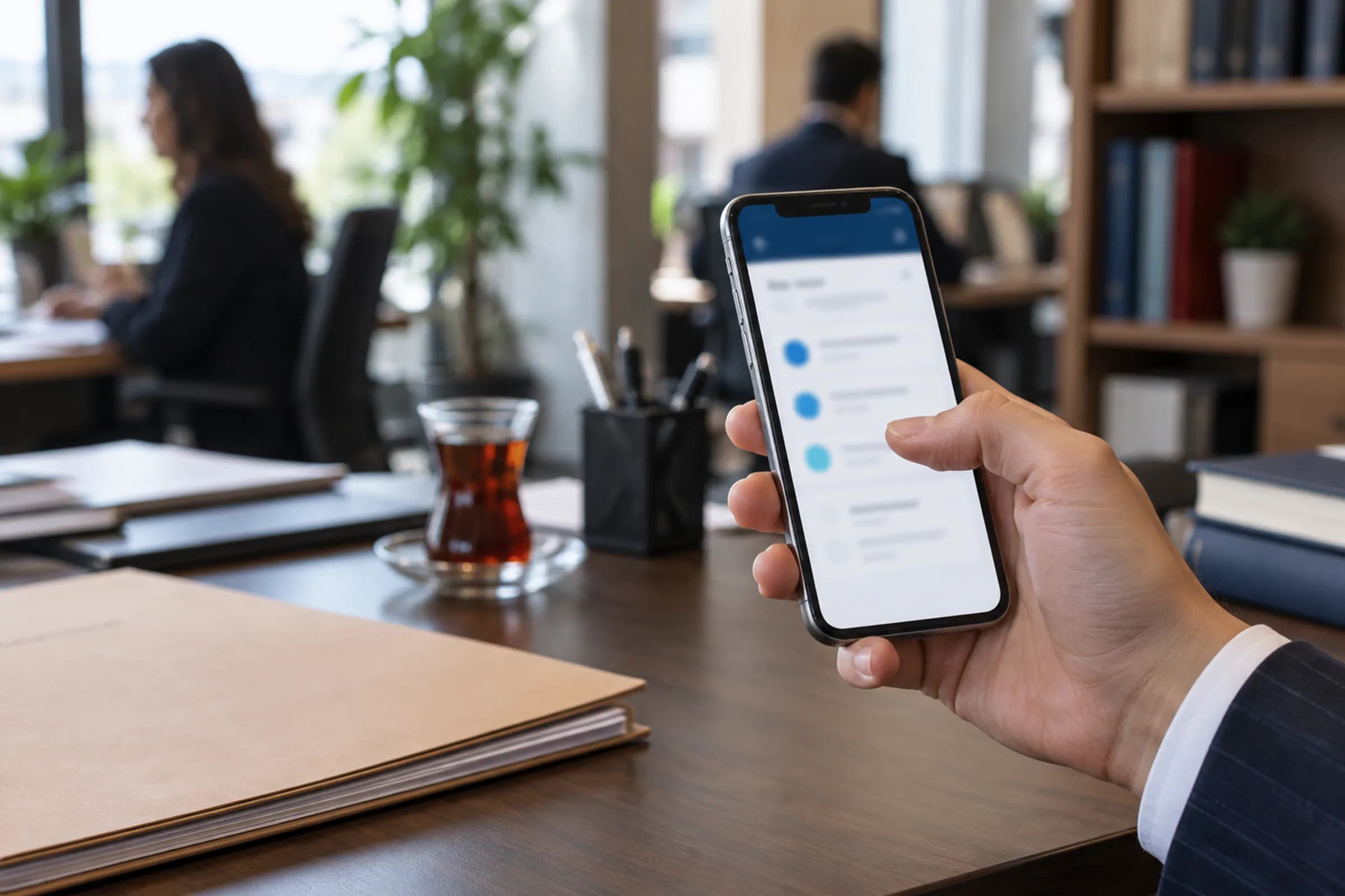 Telefonda sade bir akış ekranına bakan büro çalışanı