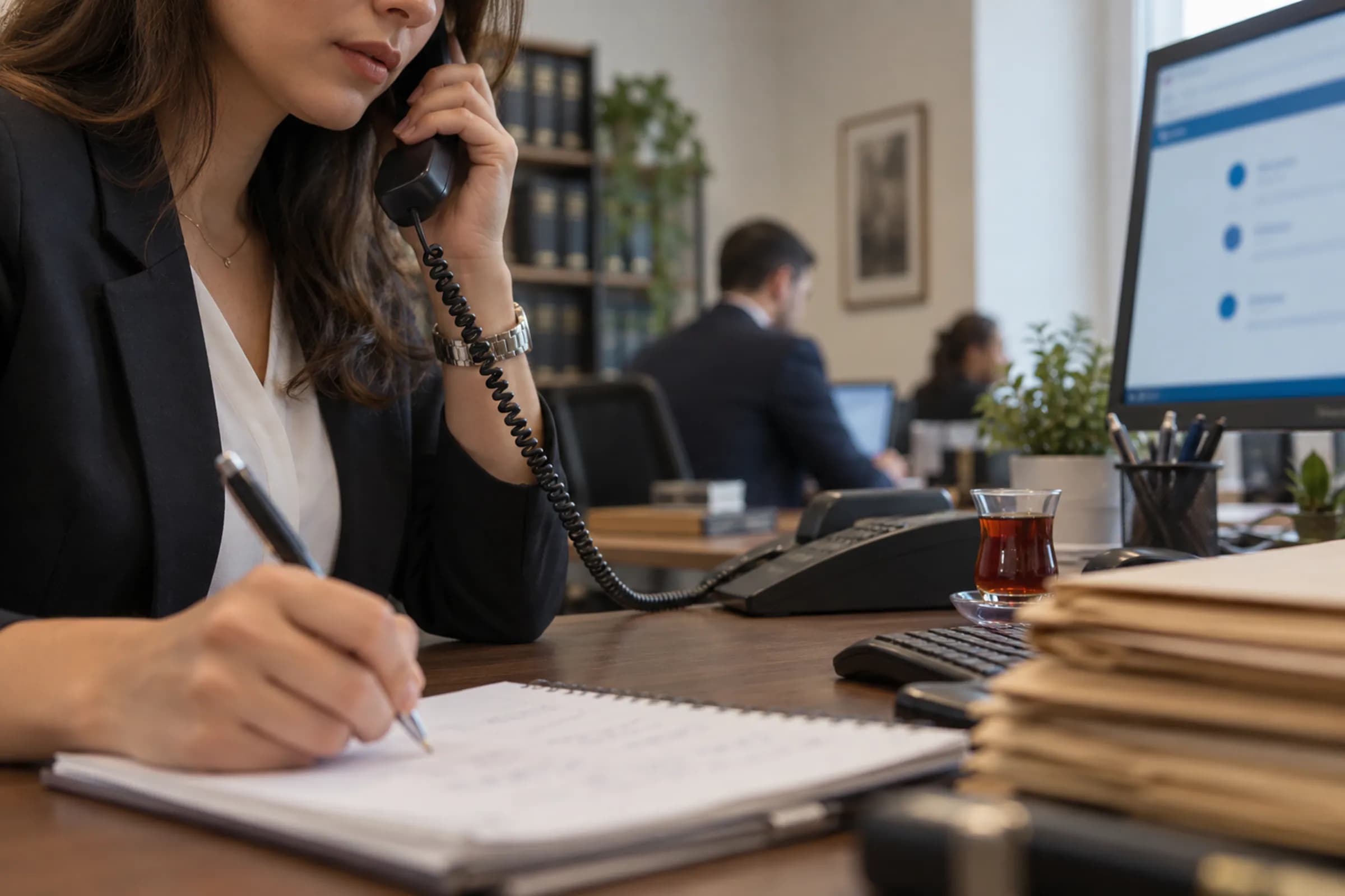Destek hattını arayıp referans numarasını not eden büro asistanı