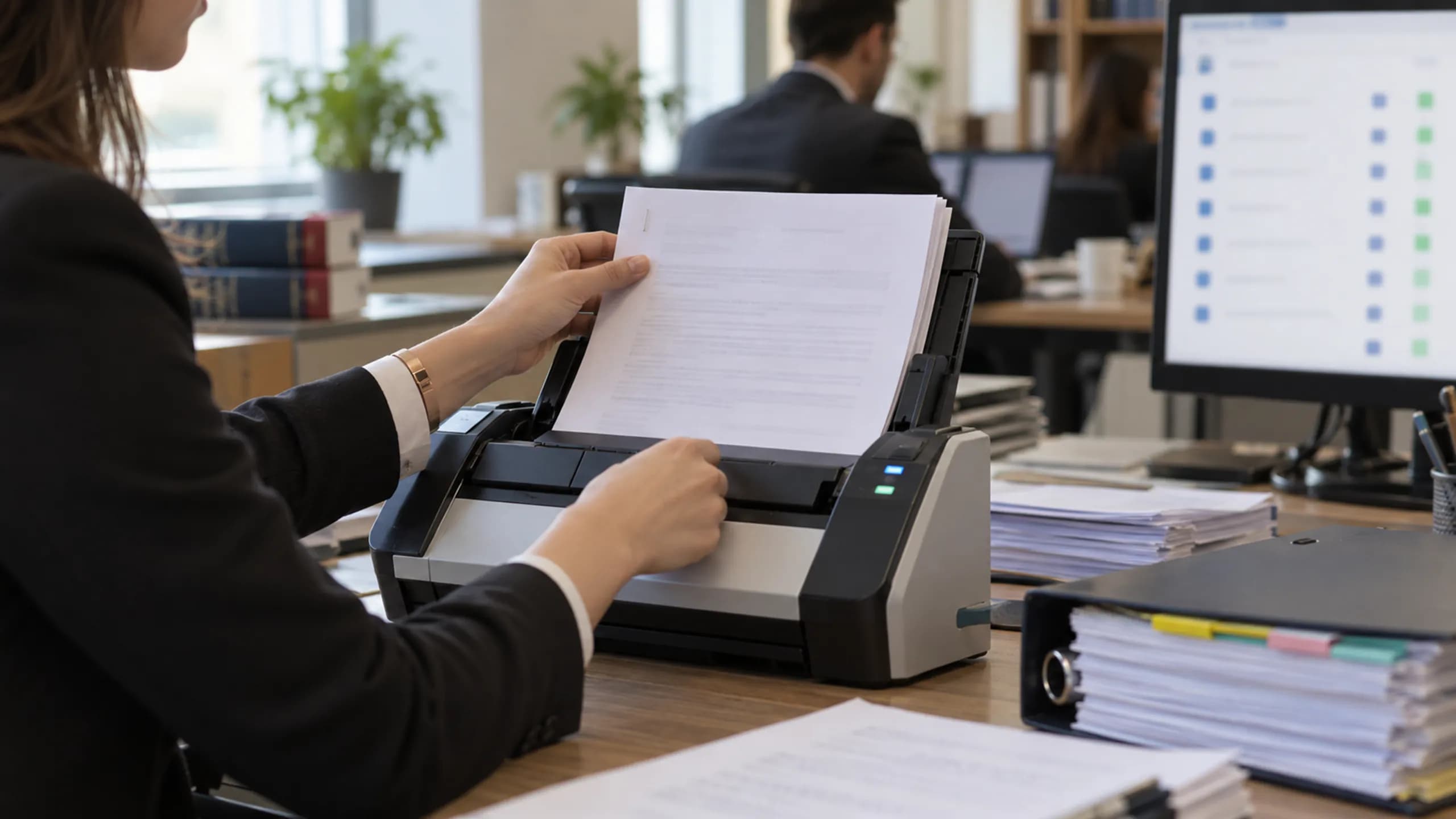 Hukuk bürosu asistanı dava evrakını tarıyor; yanındaki ekranda belge listesi görünüyor; belge güvenliği ve e-imza rehberi için editoryal fotoğraf