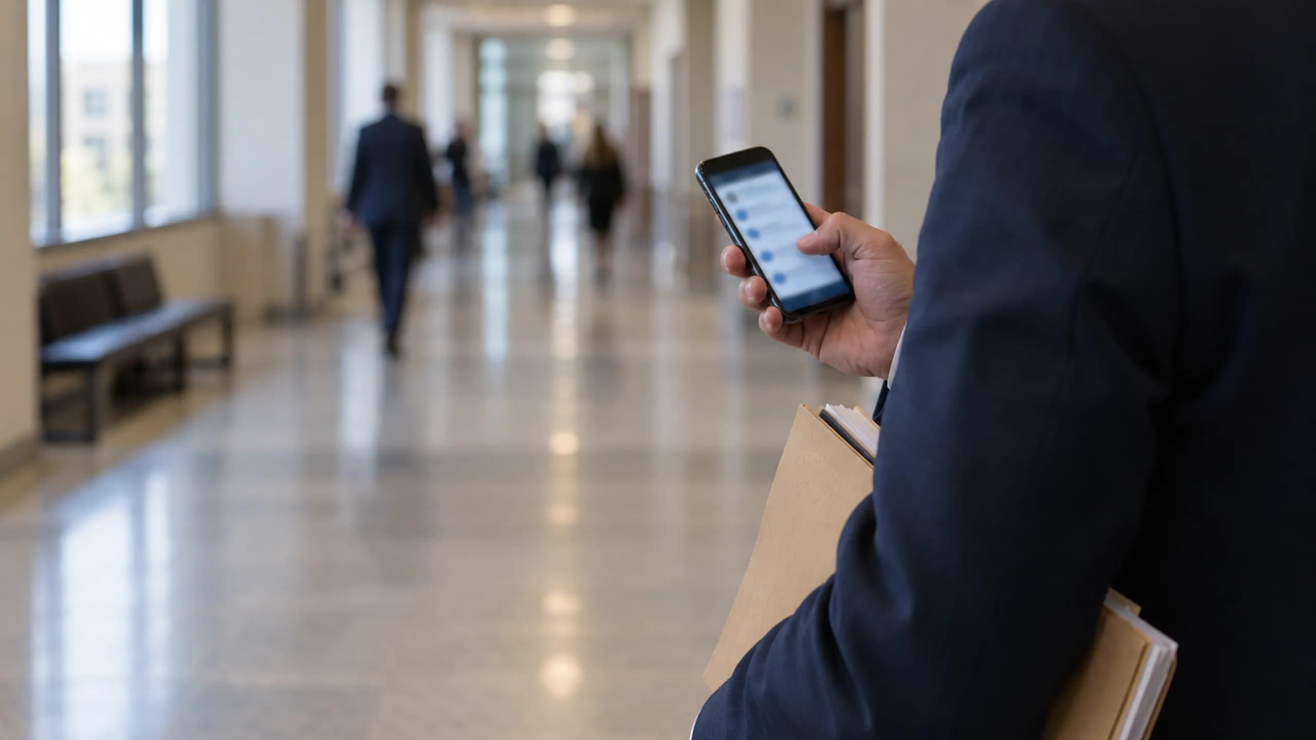 Avukat modern bir adliye koridorunda telefonuna gelen bildirime bakıyor; e-tebligat takibi rehberi için editoryal fotoğraf