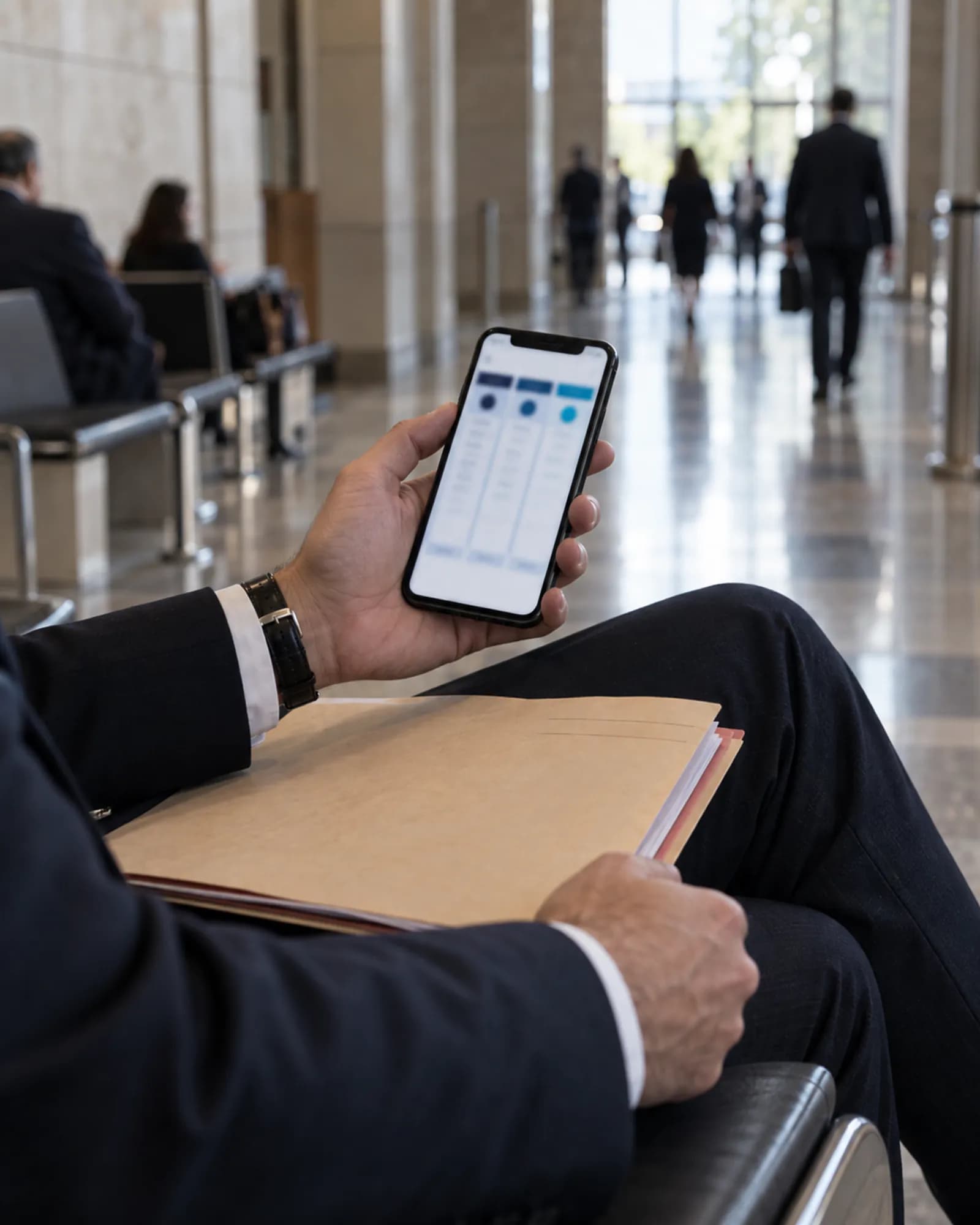 Mobilde pano Adliye bekleme salonunda telefonundan panoya bakan avukat