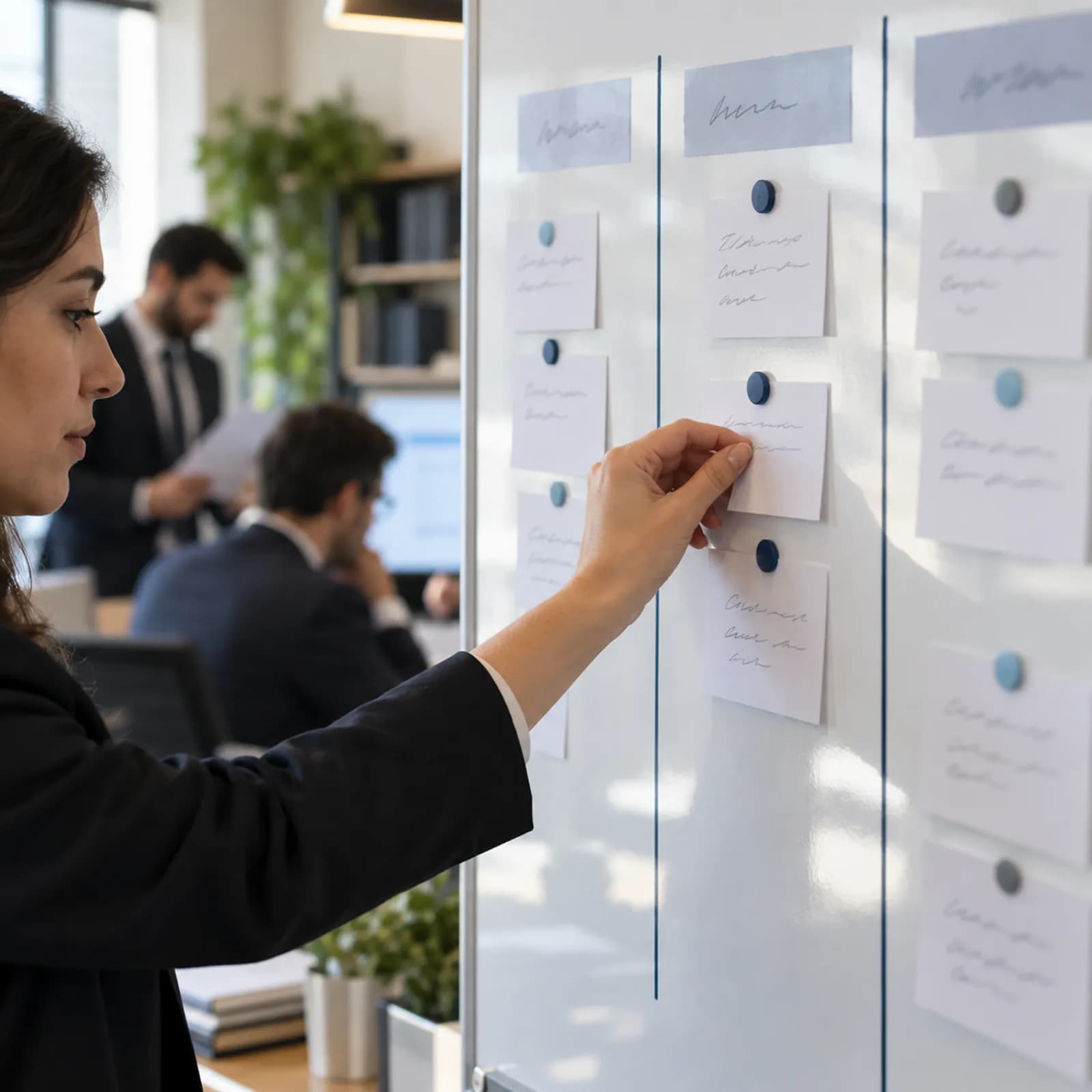 Kanban panosu Büro beyaz tahtasında dosya kartını sütun değiştiren el