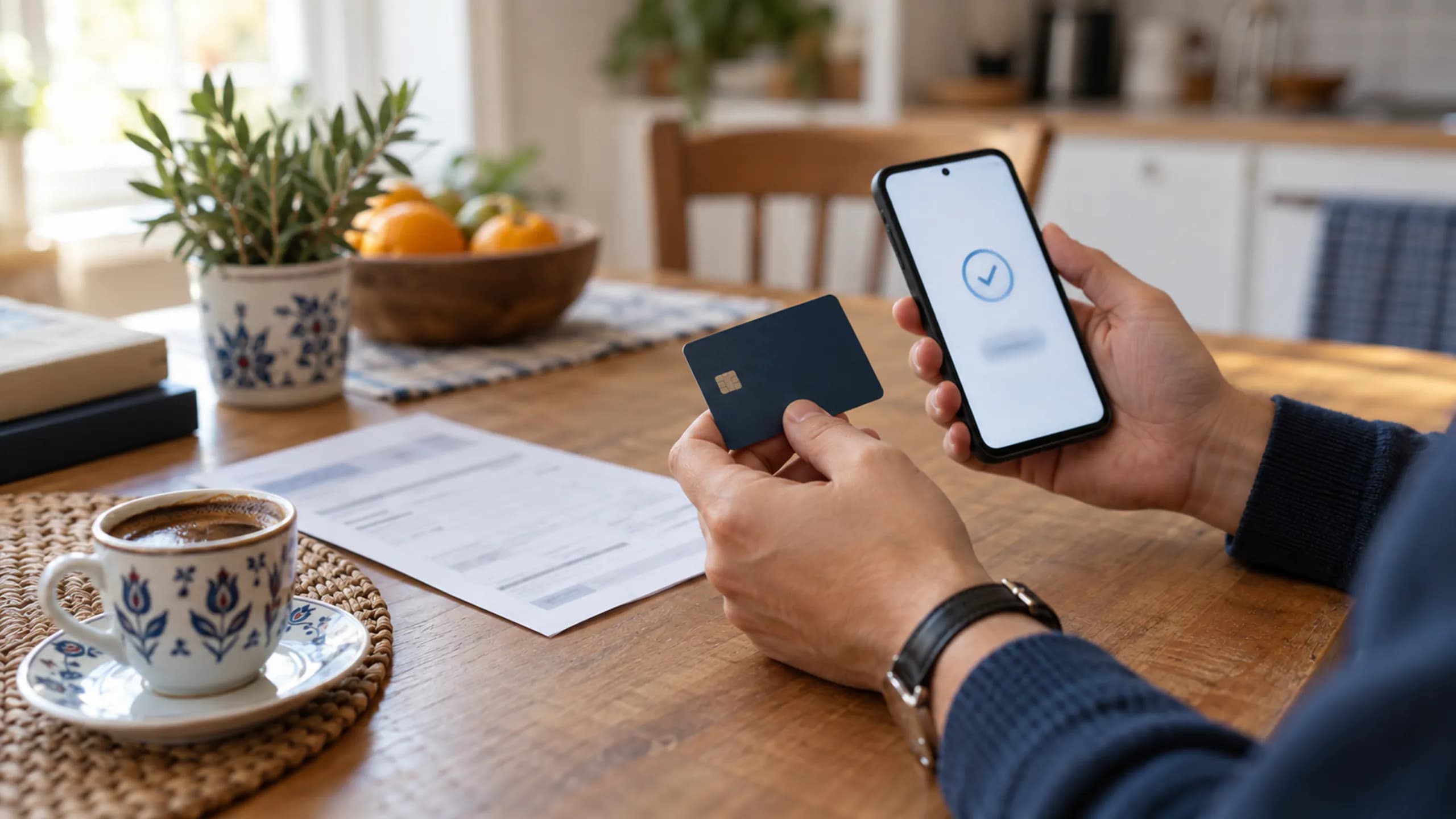 Online ödeme Mutfak masasında telefonundan avukatlık ücretini ödeyen müvekkil