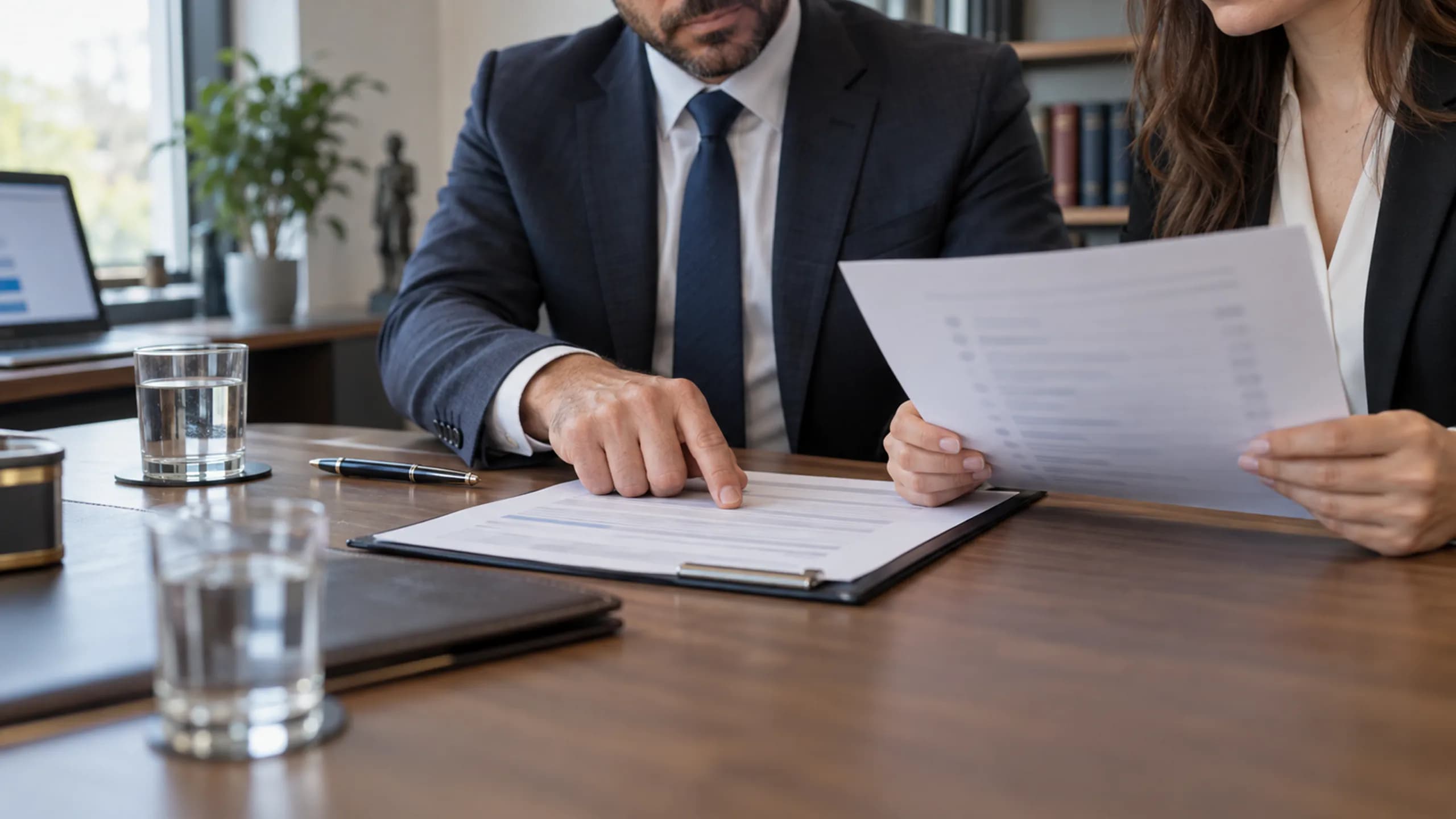 Yeni müvekkil başvurusunda çıkar çatışması değerlendirmesi İki avukat yeni müvekkil başvurusunu ekranda birlikte değerlendiriyor; çıkar çatışması kontrolü rehberi için editoryal fotoğraf
