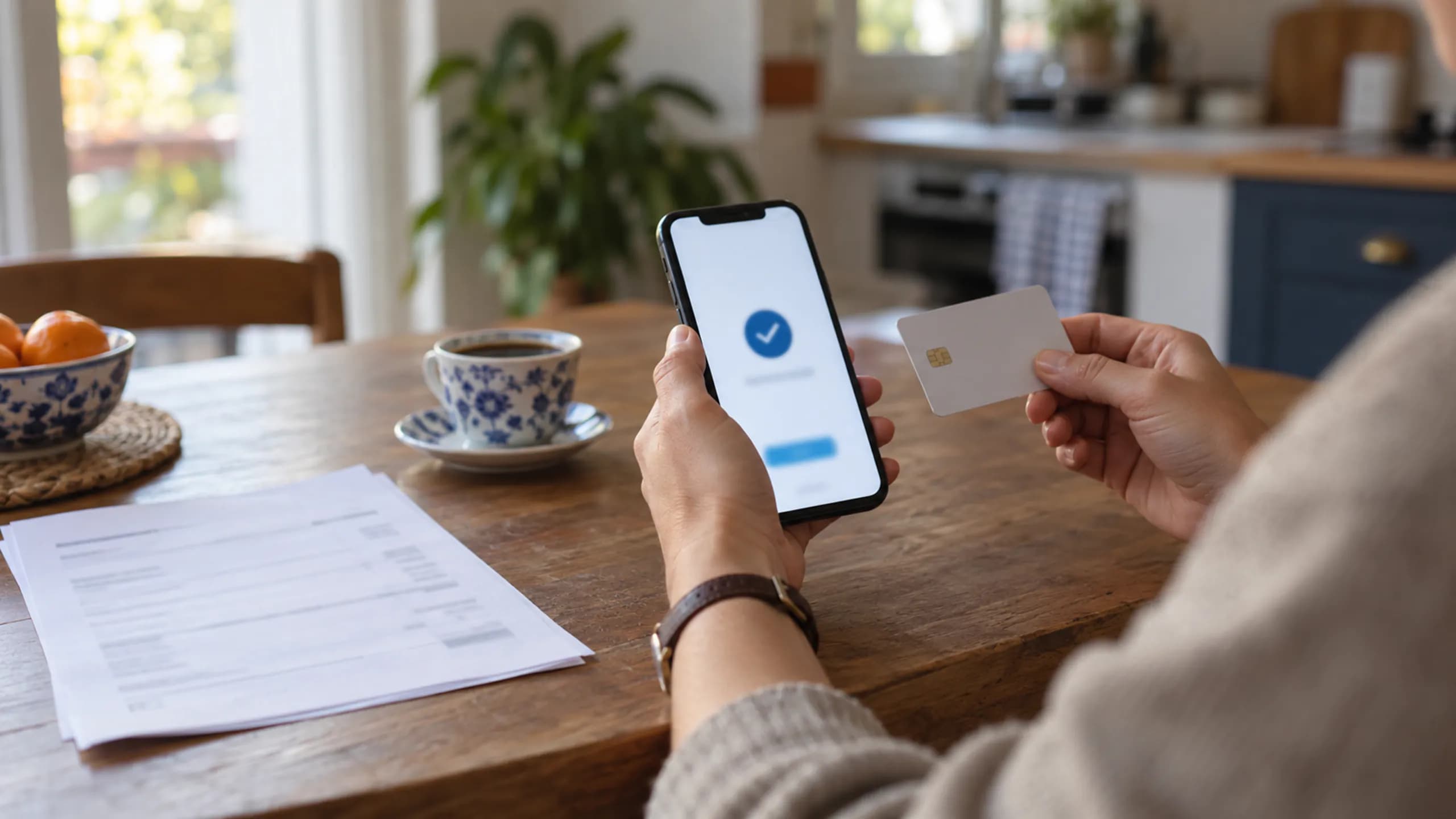 Avukatlık ücretini telefondan ödeyen müvekkil Müvekkil evinde telefonundan avukatlık ücretini ödüyor, yanında basılı fatura duruyor; online tahsilat rehberi için editoryal fotoğraf