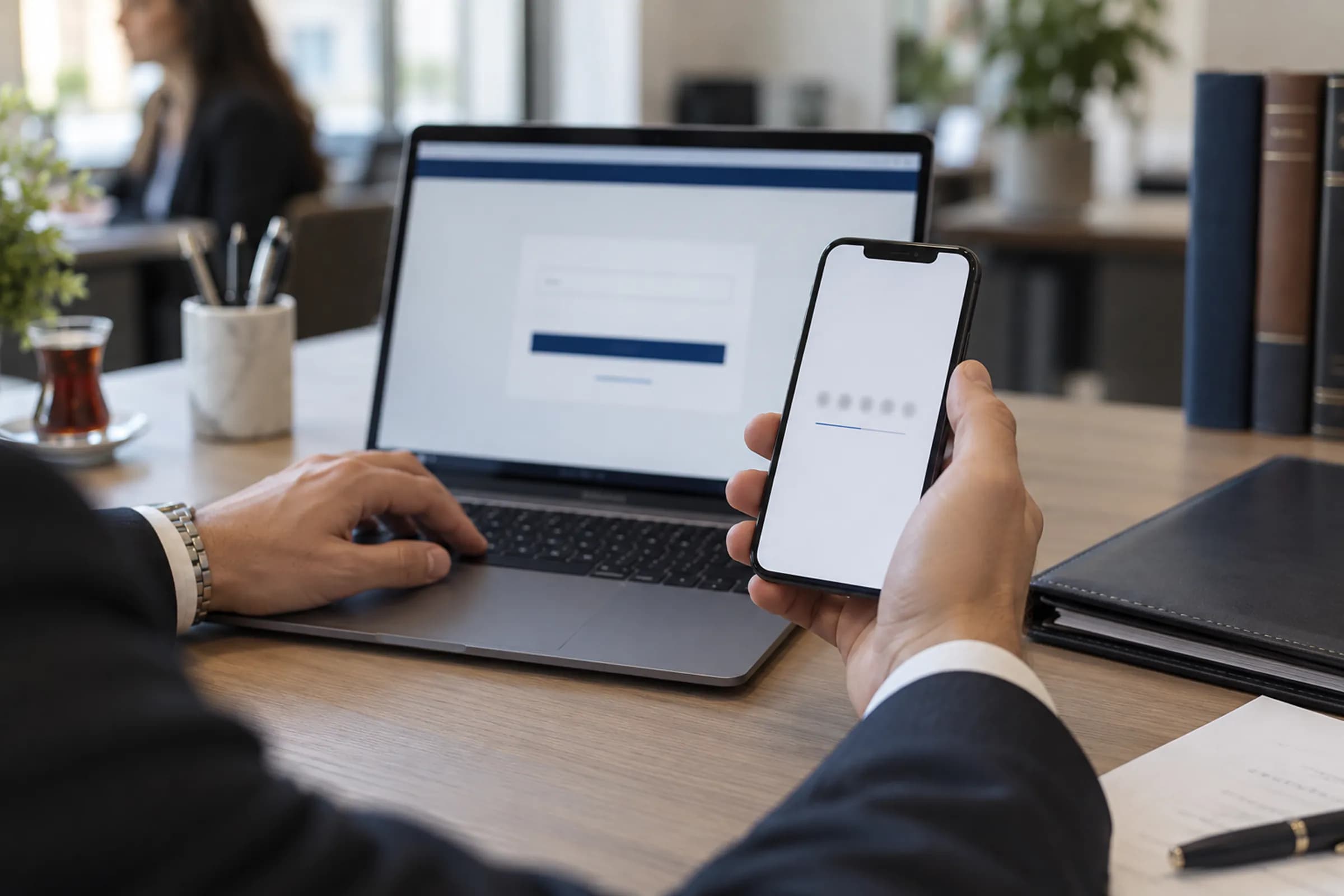 Güvenli erişim İki adımlı girişte telefondaki doğrulama kodunu okuyan avukat