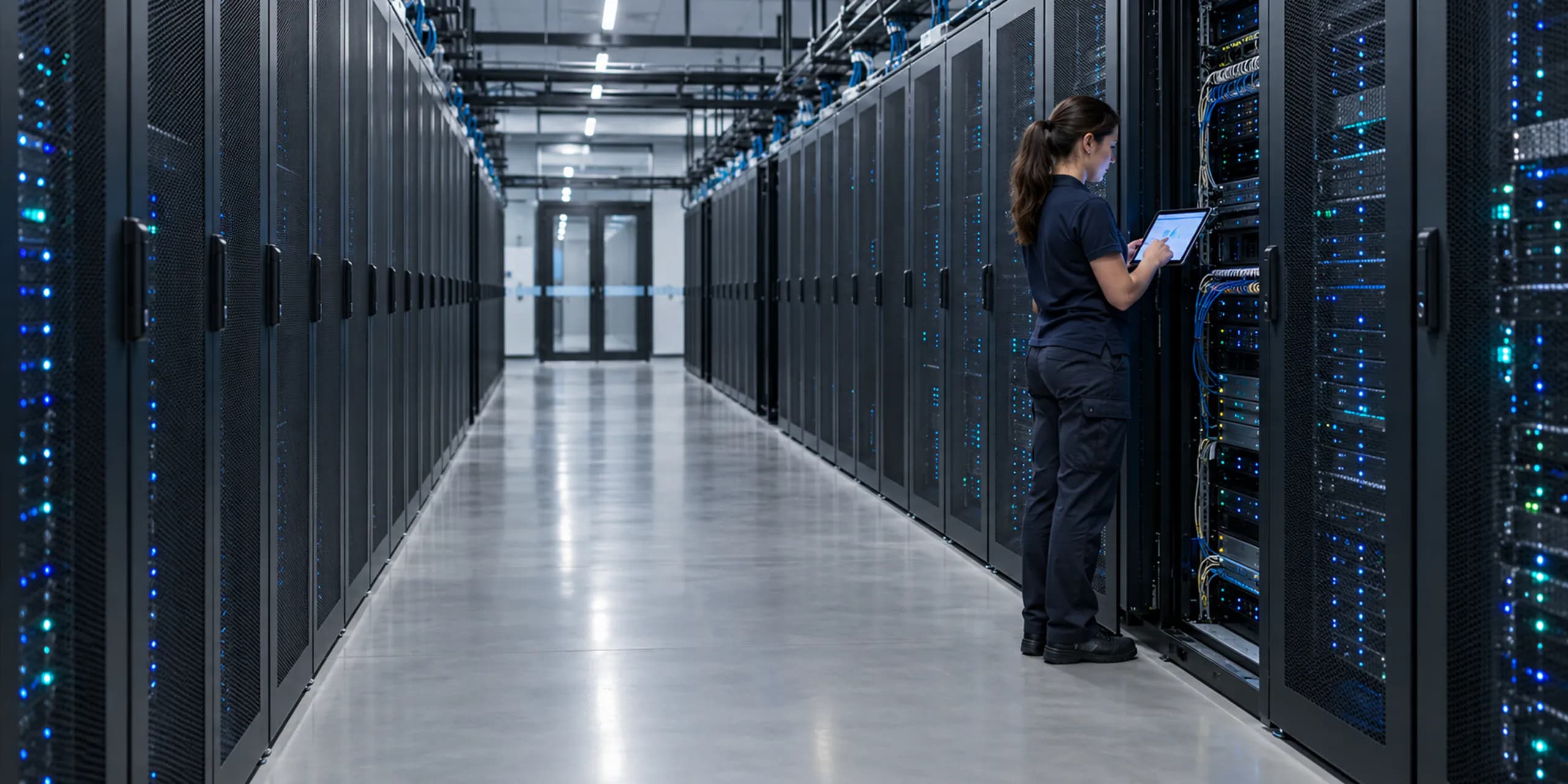 MTY Cloud veri merkezi MTY Cloud veri merkezinde sunucu kabinleri arasında kontrol yapan bir mühendis